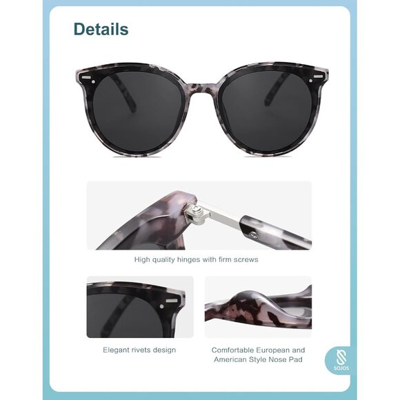 ⚡SOJOS Womens Grey Trendy Classic Round Retro Vintage Large Frame Sunglasses - Picture 4 of 5